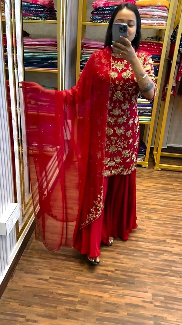 Embroidered Chinon Silk Kurta Palazzo with Sequence Work and Matching Dupatta
 - Shiraz, L