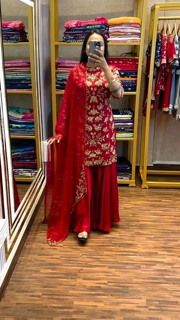 Embroidered Chinon Silk Kurta Palazzo with Sequence Work and Matching Dupatta
 - Shiraz, M