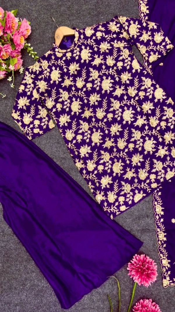 Embroidered Chinon Silk Kurta Palazzo with Sequence Work and Matching Dupatta
 - Pigment Indigo, M
