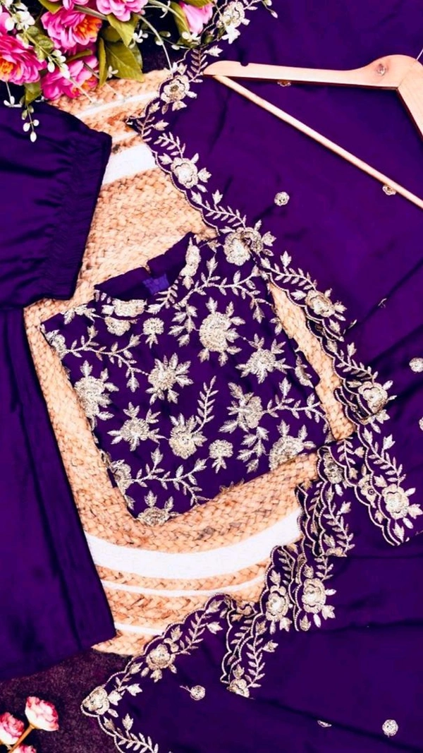 Embroidered Chinon Silk Kurta Palazzo with Sequence Work and Matching Dupatta
 - Pigment Indigo, M