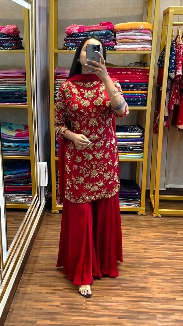 Embroidered Chinon Silk Kurta Palazzo with Sequence Work and Matching Dupatta
 - Shiraz, XL