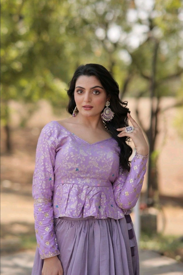 This Trending Fashionable Co-ord Set Flower Design & Sequins Embroidered Work Lehenga - Perfect for Any Function - Levender, Free Size