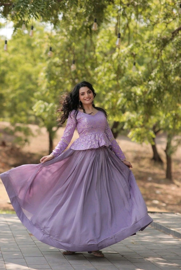 This Trending Fashionable Co-ord Set Flower Design & Sequins Embroidered Work Lehenga - Perfect for Any Function - Levender, Free Size
