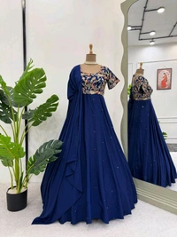 Blue Elegant Heavy Natural Crepe Gown with Intricate Coding Dori & Sequin Work - Biscay, XL