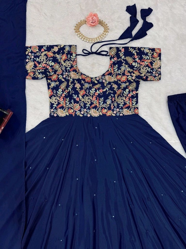 Blue Elegant Heavy Natural Crepe Gown with Intricate Coding Dori & Sequin Work - Biscay, XL