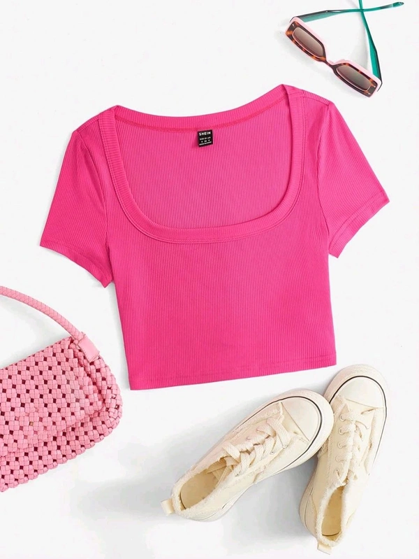 Women's Tops Sexy Tops for Women Shirts Women's Scoop Neck Crop Tee Women's Dress(Hot Pink,X-Small) - French Rose, L