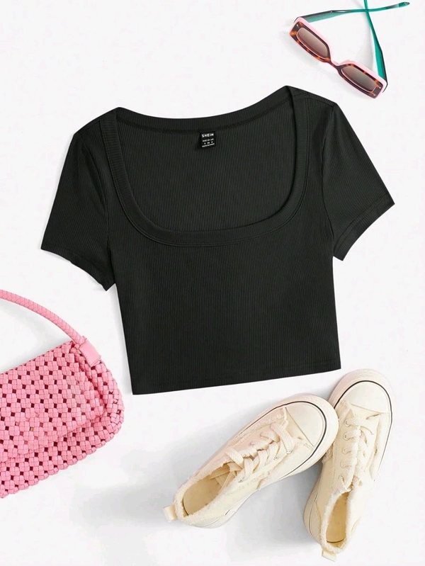 Women's Tops Sexy Tops for Women Shirts Women's Scoop Neck Crop Tee Women's Dress(Hot Pink,X-Small) - Black, M