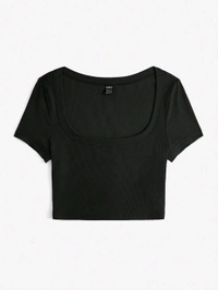 Women's Tops Sexy Tops for Women Shirts Women's Scoop Neck Crop Tee Women's Dress(Hot Pink,X-Small) - Black, M