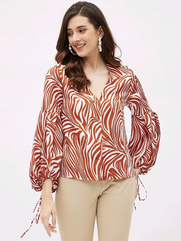 Casual Flared Sleeves Graphic Print Women Brown Top - Mojo, M