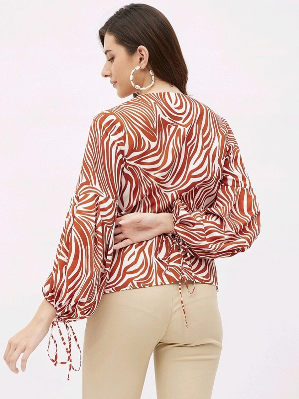 Casual Flared Sleeves Graphic Print Women Brown Top - Mojo, M