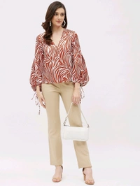 Casual Flared Sleeves Graphic Print Women Brown Top - Mojo, M