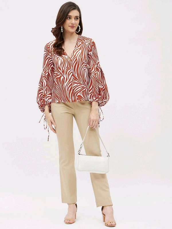 Casual Flared Sleeves Graphic Print Women Brown Top - Mojo, M