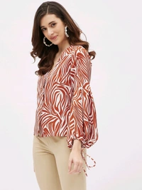Casual Flared Sleeves Graphic Print Women Brown Top - Mojo, M