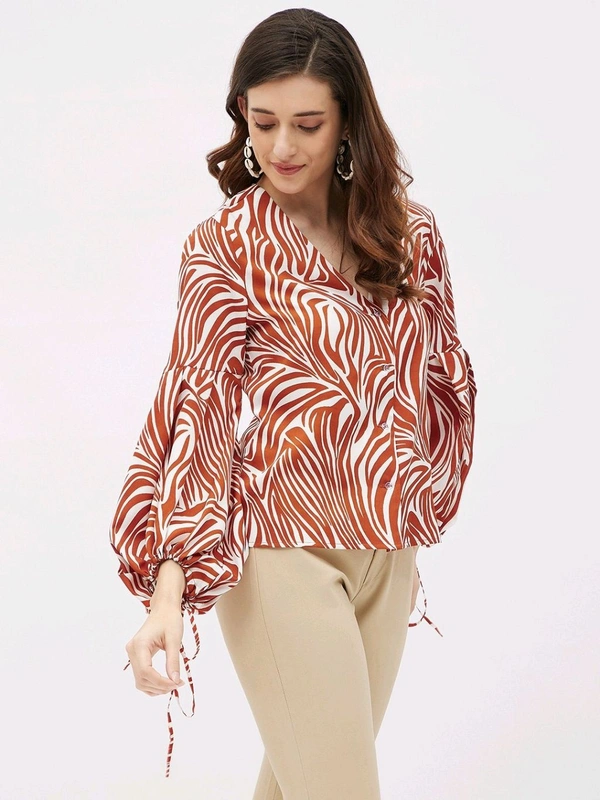 Casual Flared Sleeves Graphic Print Women Brown Top - Mojo, M