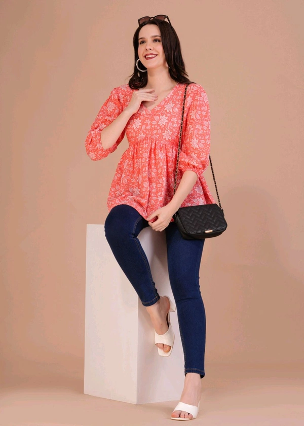 Party Balloon Sleeve Printed Women White, Pink Top
 - Bittersweet, L
