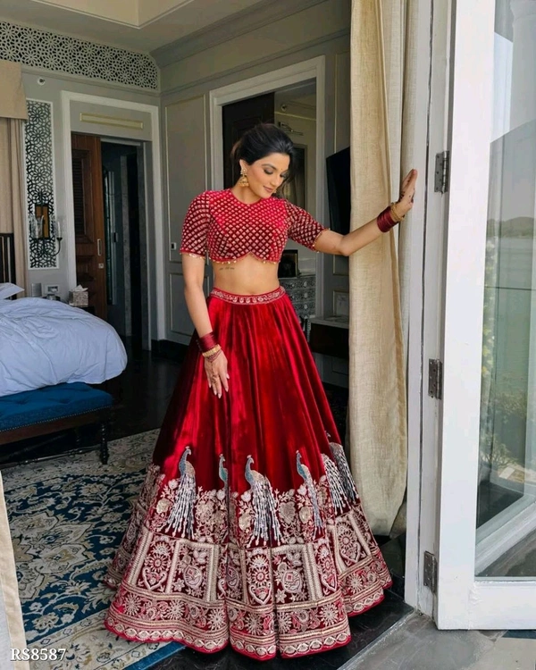 Red Velvet Canvas Work Bridal Lehenga - maroon, Free Size