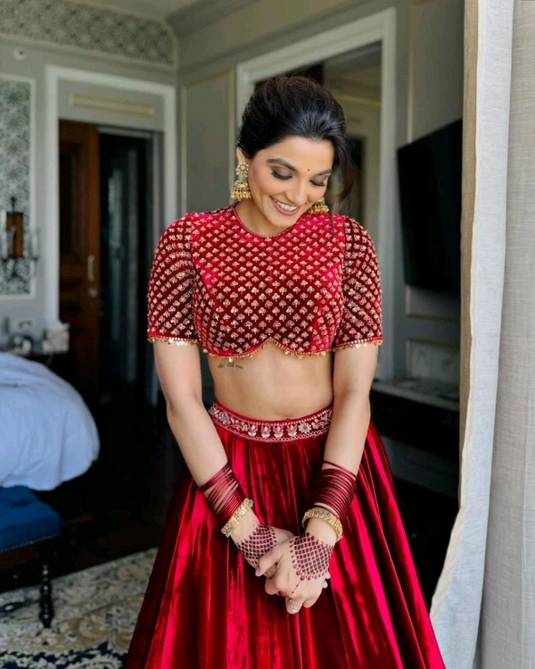Red Velvet Canvas Work Bridal Lehenga - maroon, Free Size
