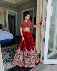 Red Velvet Canvas Work Bridal Lehenga - maroon, Free Size