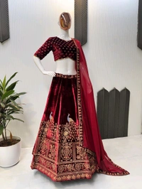 Red Velvet Canvas Work Bridal Lehenga - maroon, Free Size