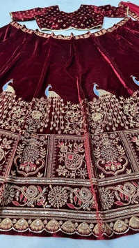 Red Velvet Canvas Work Bridal Lehenga - maroon, Free Size