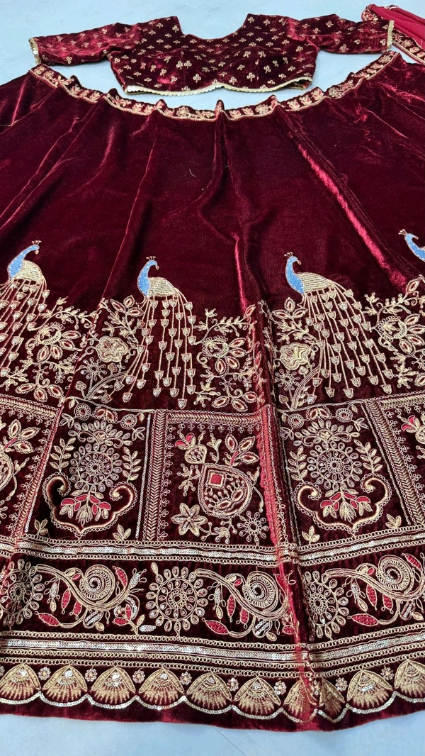 Red Velvet Canvas Work Bridal Lehenga - maroon, Free Size