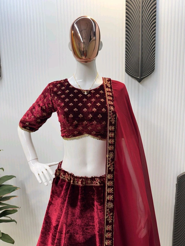 Red Velvet Canvas Work Bridal Lehenga - maroon, Free Size