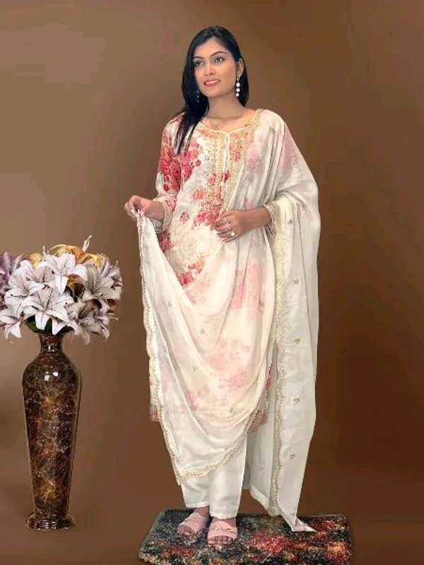 Off White Kurti Pant Set in Organza With Print Embroidery and Stone With Dupatta - Kangaroo, L