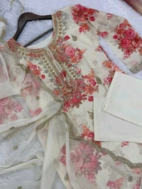 Off White Kurti Pant Set in Organza With Print Embroidery and Stone With Dupatta - Kangaroo, L