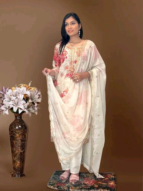 Off White Kurti Pant Set in Organza With Print Embroidery and Stone With Dupatta - Kangaroo, L