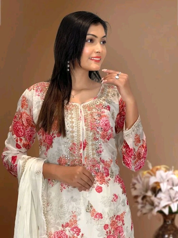 Off White Kurti Pant Set in Organza With Print Embroidery and Stone With Dupatta - Kangaroo, XXL