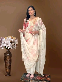 Off White Kurti Pant Set in Organza With Print Embroidery and Stone With Dupatta - Kangaroo, XXL
