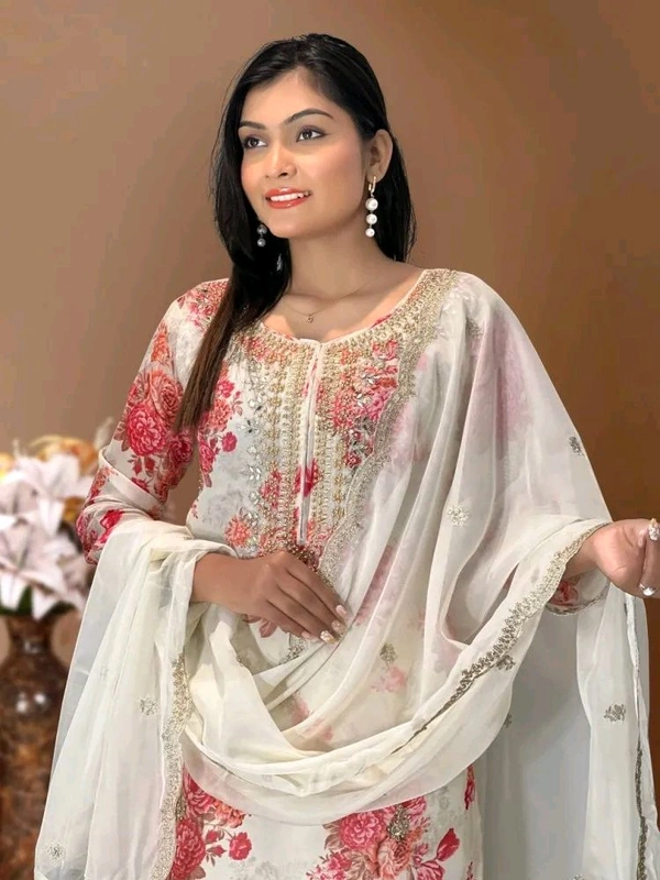 Off White Kurti Pant Set in Organza With Print Embroidery and Stone With Dupatta - Kangaroo, XXL