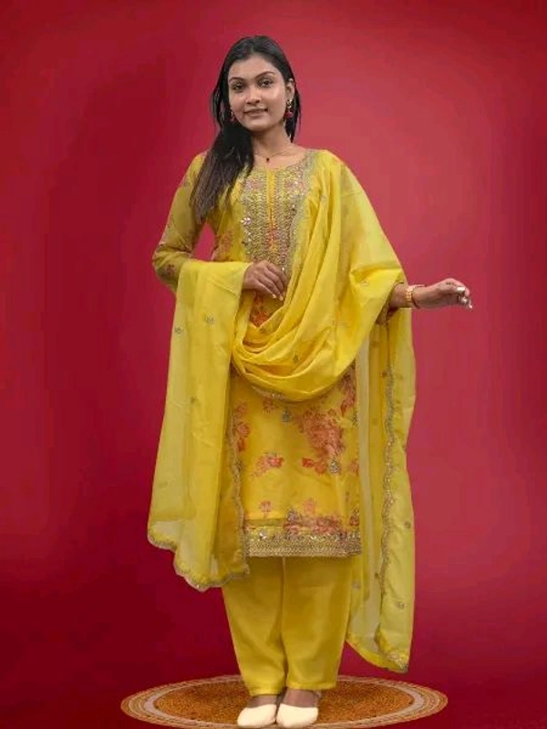 Off White Kurti Pant Set in Organza With Print Embroidery and Stone With Dupatta - Gold Tips, XXL