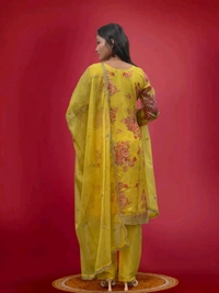 Off White Kurti Pant Set in Organza With Print Embroidery and Stone With Dupatta - Gold Tips, XXL