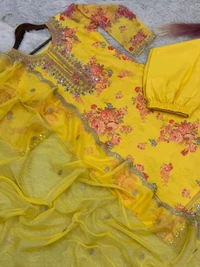 Off White Kurti Pant Set in Organza With Print Embroidery and Stone With Dupatta - Gold Tips, XXL