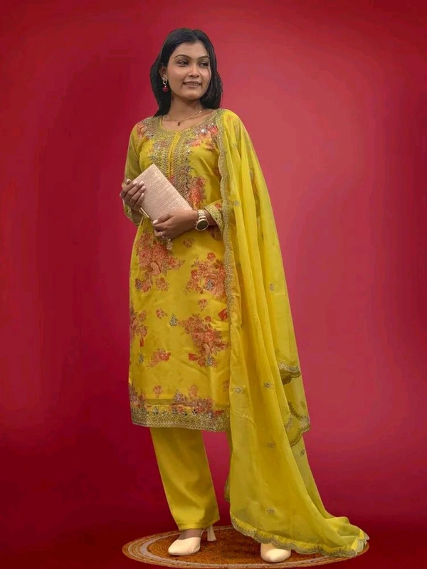 Off White Kurti Pant Set in Organza With Print Embroidery and Stone With Dupatta - Gold Tips, XXL