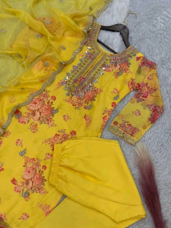 Off White Kurti Pant Set in Organza With Print Embroidery and Stone With Dupatta - Gold Tips, XXL