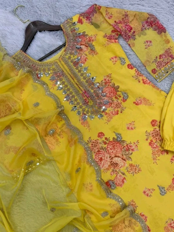 Off White Kurti Pant Set in Organza With Print Embroidery and Stone With Dupatta - Gold Tips, XXL
