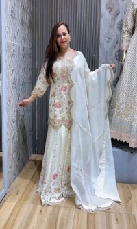 SALWAR KAMEEZ WOMEN INDIAN WEDDING PARTY WEAR DRESS BOLLYWOOD SUIT KURTI SHARARA - White, XL