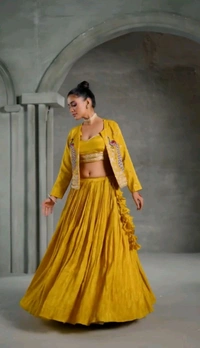 Chinnon Yellow Festival Wear Sequins Work Readymade Lehenga Choli With Jacket - Tulip Tree, M