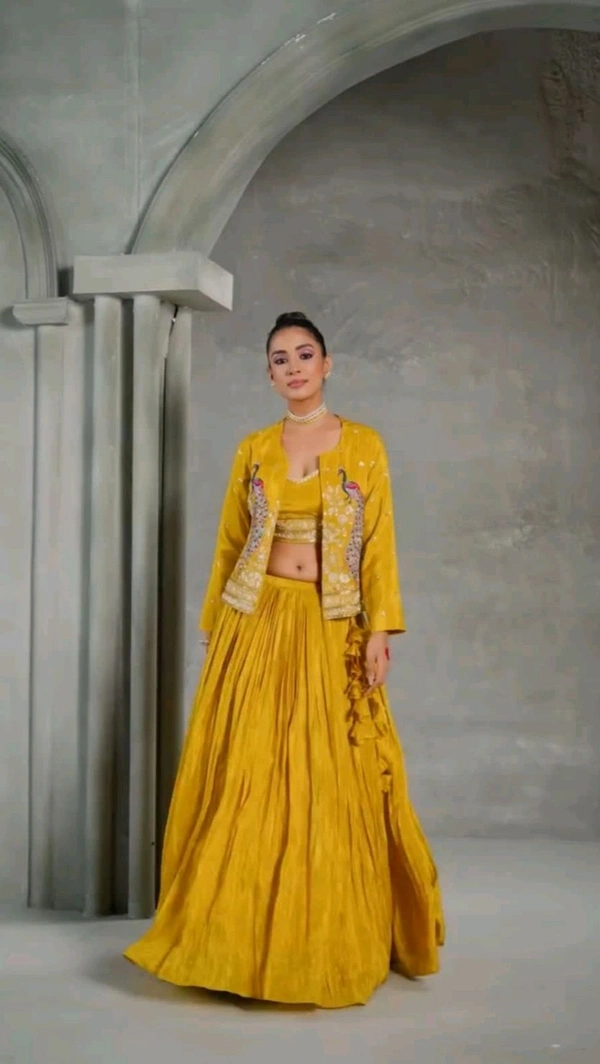 Chinnon Yellow Festival Wear Sequins Work Readymade Lehenga Choli With Jacket - Tulip Tree, Free Size