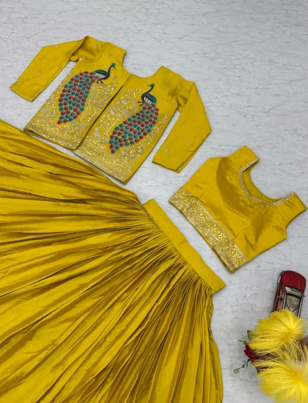Chinnon Yellow Festival Wear Sequins Work Readymade Lehenga Choli With Jacket - Tulip Tree, Free Size