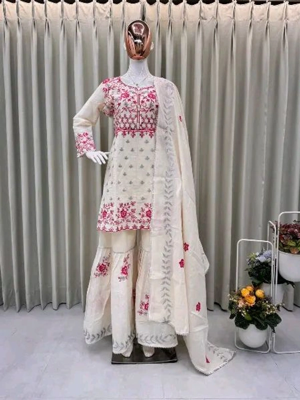 Off White Kurti Sharara in Camric Cotton With Sequence Embroidery Work for Women - Double Spanish White, L