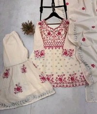 Off White Kurti Sharara in Camric Cotton With Sequence Embroidery Work for Women - Double Spanish White, L