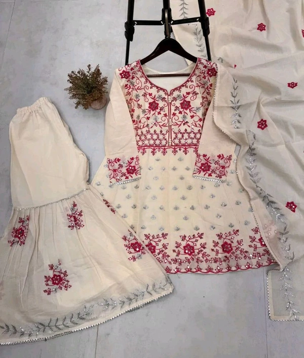 Off White Kurti Sharara in Camric Cotton With Sequence Embroidery Work for Women - Double Spanish White, L