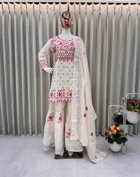 Off White Kurti Sharara in Camric Cotton With Sequence Embroidery Work for Women - Double Spanish White, L