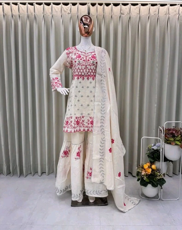 Off White Kurti Sharara in Camric Cotton With Sequence Embroidery Work for Women - Double Spanish White, L