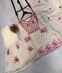 Off White Kurti Sharara in Camric Cotton With Sequence Embroidery Work for Women - Double Spanish White, L