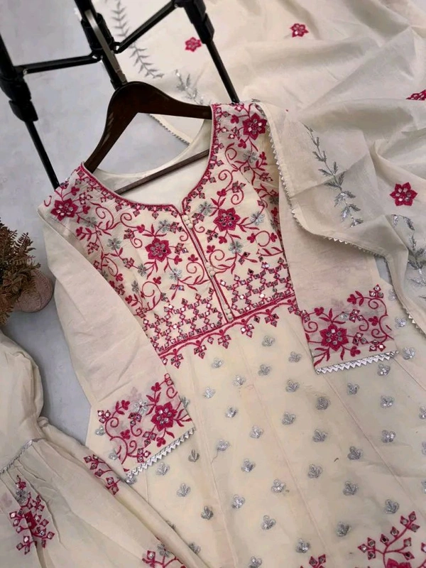 Off White Kurti Sharara in Camric Cotton With Sequence Embroidery Work for Women - Double Spanish White, XXL