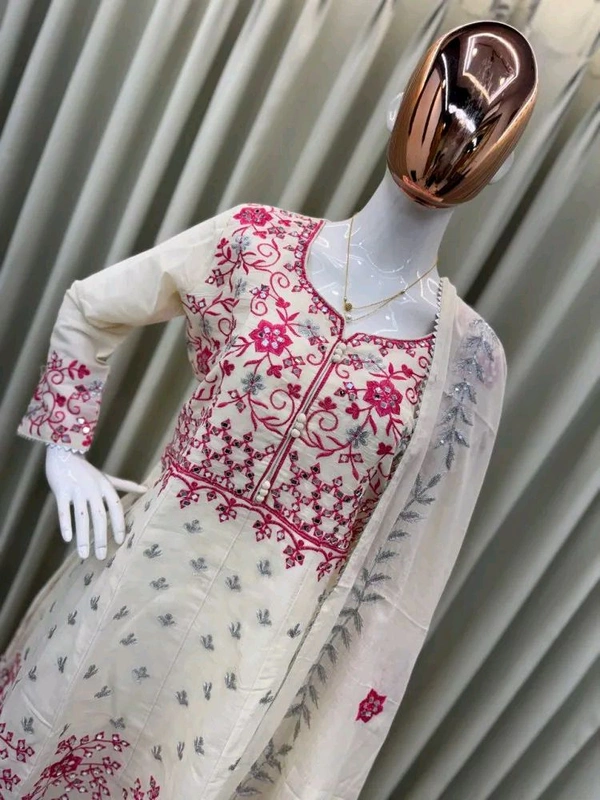 Off White Kurti Sharara in Camric Cotton With Sequence Embroidery Work for Women - Double Spanish White, XXL
